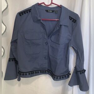 Du Jour Blue Blazer Jacket with Black Accent Pom-Pom Trim Flare Sleeves Small